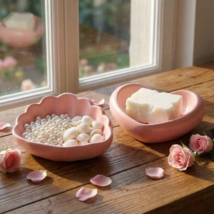 Pink heart and shell ceramic jewelry trays for soap storage on a warm wooden table