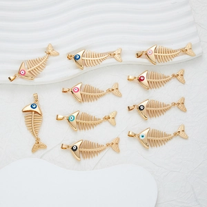 Colorful cartoon fish bone pendants in gold finish for DIY jewelry making accessories