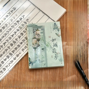 Detail of A7 pocket notebook with butterfly patterns on bamboo mat for writing
