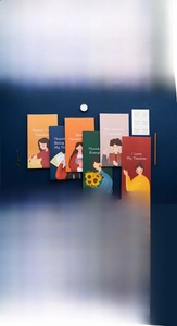 Detailed view of teacher appreciation gift bags with colorful cartoon illustrations