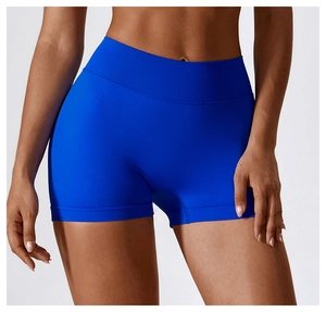 Détail du short de yoga sans couture taille haute bleu cobalt avec gainage abdominal