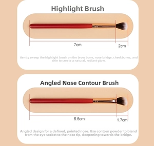 Detail of eyeshadow and nose shadow brushes with deep red handles and golden ferrule