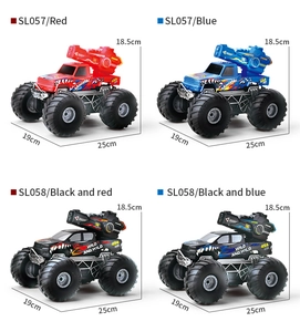 Four color variants of 4WD amphibious RC monster trucks with water-shooting launcher feature