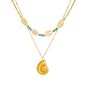 Double-layered gold stainless steel necklace with white shell, turquoise beads and conch