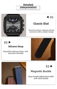 Vue détaillée de la montre carrée GEDI avec bracelet en silicone et fermoir magnétique