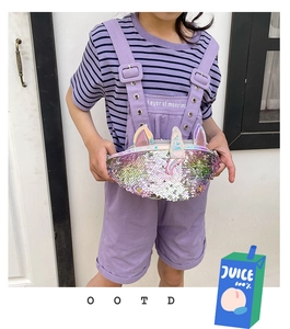 Detail of sequin unicorn kids waist bag with adjustable strap and 3D ears