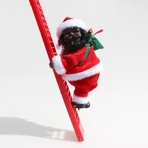 Detail of a Black Santa Claus doll in a red suit climbing a long red decorative ladder