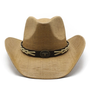 Classic straw cowboy hat with leather band and bronze bull head metal emblem