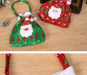 Detail of Santa Claus gift bag showing drawstring closure and decorative 3D applique
