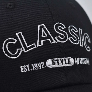 Classic cotton baseball cap in black with white embroidered lettering style for adults