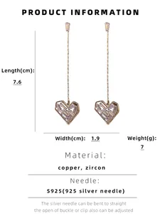 Infos détaillées des boucles d'oreilles cœur en zircon montrant dimensions et matériaux