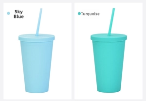 Detail view of double-walled matte plastic cups in sky blue and cyan with straws