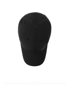 Top view of black mesh baseball cap showing breathable texture and FASHION lettering