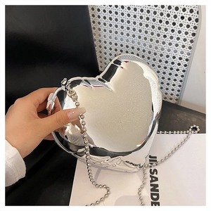 Silver mirror heart-shaped bag with metal bead chain for stylish crossbody and hand carry