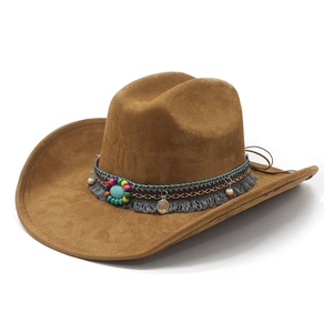 Ethnic style tan suede western cowboy hat with woven band, colorful beads and coin pendant