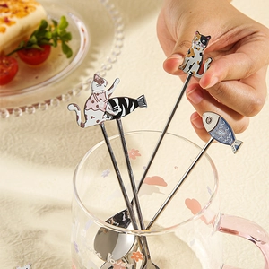 Set of 4 stainless steel cat and fish handle coffee spoons for dessert stirring