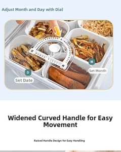 Macro view of kitchen storage box with date-tracking dial and built-in handle
