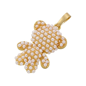Chic gold teddy bear pendant necklace encrusted with white pearls for women