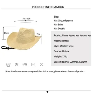 Men's straw western cowboy hat with sizing guide and breathable woven texture