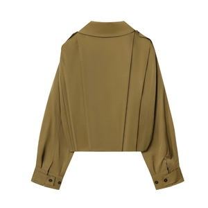 Back view of khaki cropped jacket featuring pleated details and buckled cuff straps