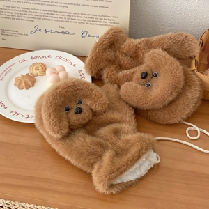 Winter plush puppy mittens with thick faux lamb wool lining and anti-lost hanging neck strap