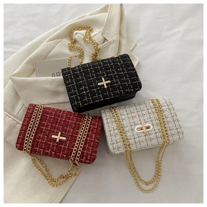 Classic tweed chain flap bags in black, burgundy and white with elegant gold metal hardware