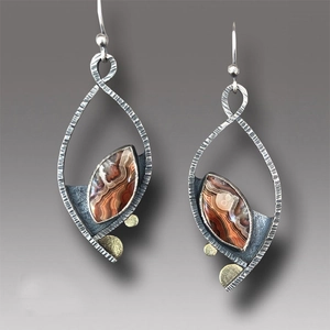 Retro geometric orange enamel earrings with bohemian teardrop shape and silver texture
