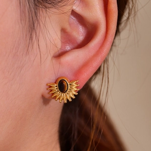 Vintage stainless steel stud earring with turquoise stone inlay in radial sunburst design