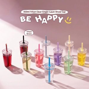Tritan Reusable Tumbler With Straw And Lid Transparent Candy Color Portable Water Cup With Cleaning Brush Eco Friendly