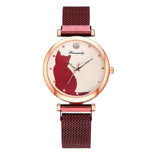 Fashionable women's quartz watch with rose gold case, cat silhouette dial, and red mesh band