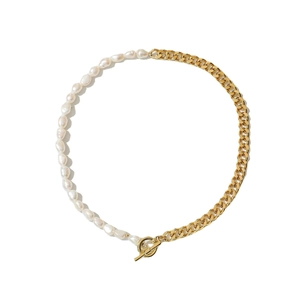 Vintage necklace with 14k gold plated cuban chain and freshwater pearls with OT clasp