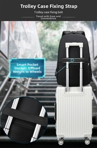 Detail of travel backpack with a luggage strap securely fixed to a suitcase handle