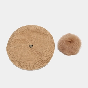 Knitted khaki beret hat for women with a fluffy detachable fox fur pompom detail