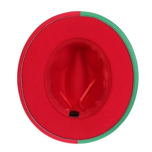 Detail shot of the red and green fedora interior showing the cotton blend fabric label