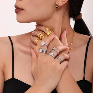 Vintage Stainless Steel Open Adjustable Ring For Women Gold Silver Plated Feather Star Moon Geometric Rhinestone Jewelry