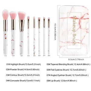 8-piece marble travel makeup brush set with rose gold ferrules and metal storage case