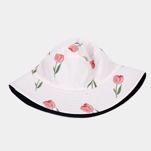 Chapeau bob réversible à motif tulipes roses avec doublure noire pour femme été