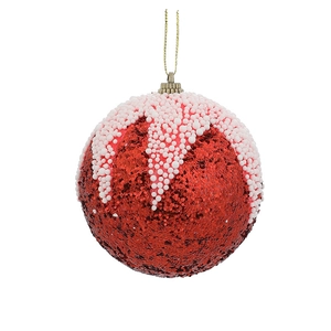 Boule de Noël rouge scintillante avec décor de neige en mousse blanche et cordon doré