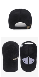 Detail of adjustable metal buckle and camouflage texture on black baseball cap