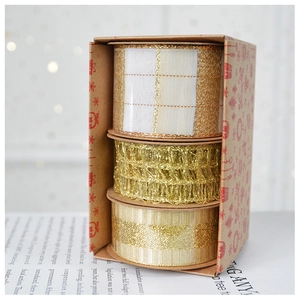 Three-pack golden Christmas ribbon set featuring glitter, mesh, and striped textures in a box