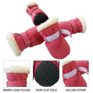 Warm red pet snow boots with plush fleece lining and non-slip soles for dogs