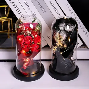 Preserved rose soap flowers in glass dome with LED lights gift set for women