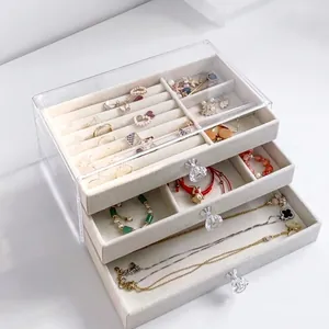Three-layer clear acrylic jewelry box with velvet drawers for rings and necklaces