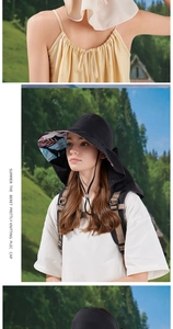Detail of wide-brim sun hat with floral lining and adjustable chin strap for outdoors