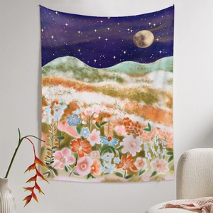 Floral moon phase landscape wall tapestry for bedroom decoration in a cozy room setting