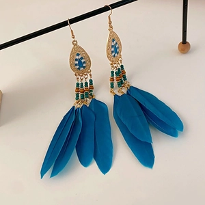 Detail of bohemian drop earrings with peacock blue feathers and ethnic beaded tassels
