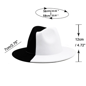 Two-tone black and white fedora felt hat with 7cm flat brim and size measurements