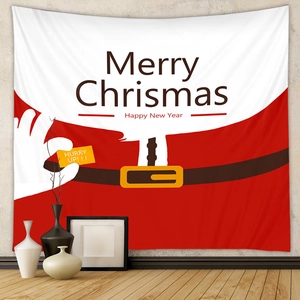 Close-up of a festive Christmas wall tapestry with Santa elements and holiday greetings
