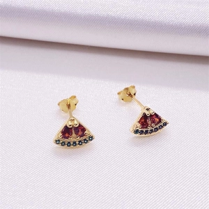 Elegant S925 silver watermelon stud earrings with red and blue gemstones on white silk