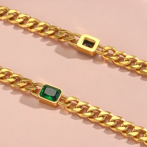 18K gold plated chunky Cuban link necklace with rectangular emerald green zircon pendant